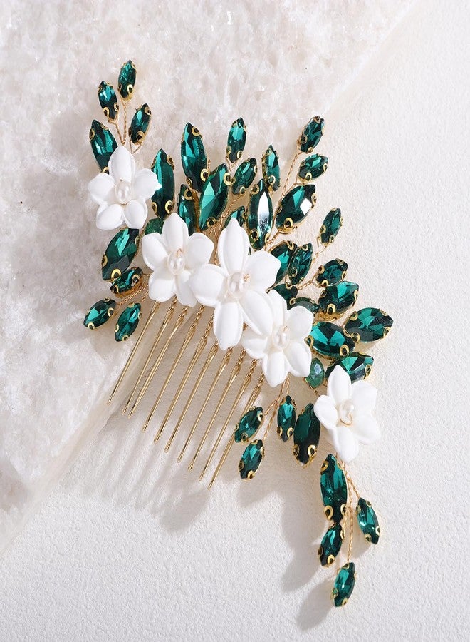 Xerling Bride Wedding Flower Green Rhinestones Hair Comb White Floral Side Comb Hair Piece Headpiece Bridal Head Jewelry Accessories for Women (Gold Green) - Image 4